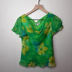 Vintage Green And Yellow Beaded Floral Blouse Size 6